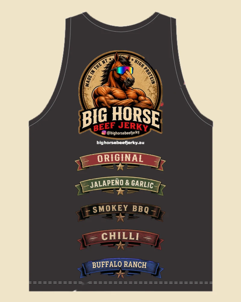 Black Big Horse singlet, back view: logo with Original, Jalapeño & Garlic, Smokey BBQ, Chilli and Buffalo Ranch banners