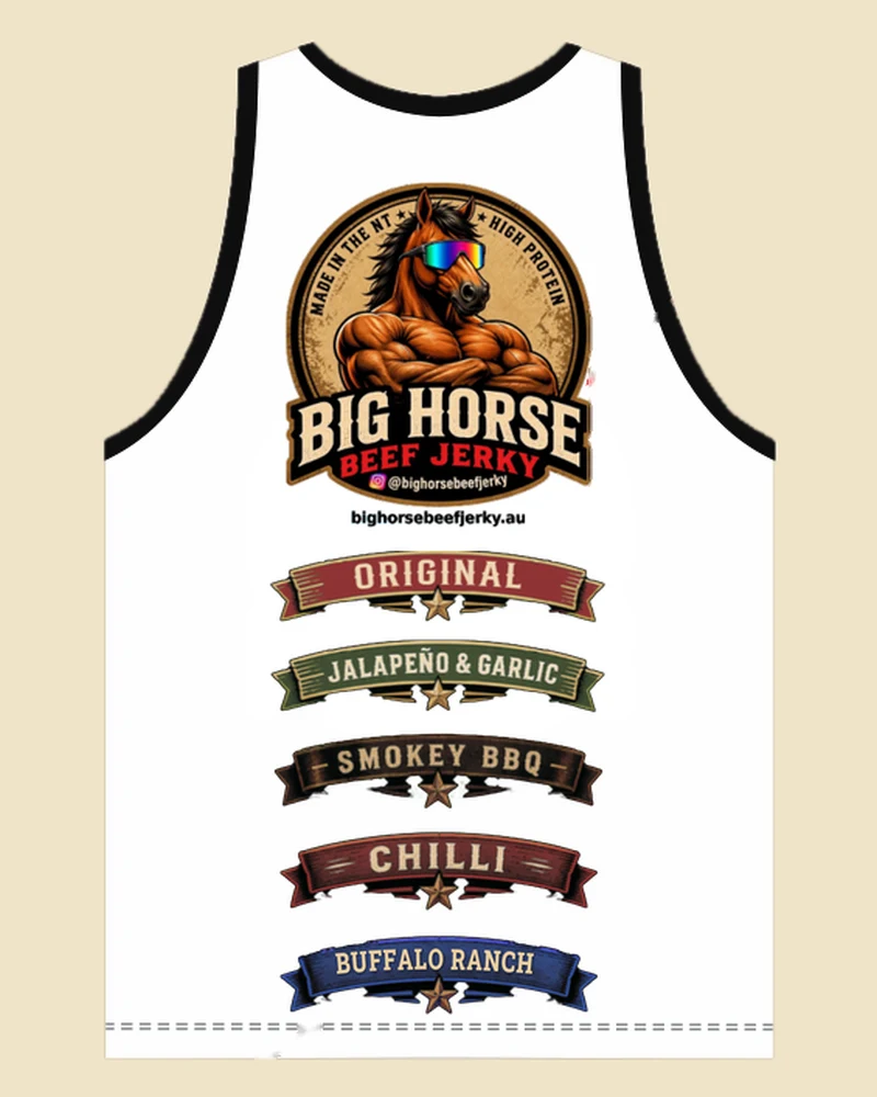 White Big Horse singlet, back view: logo with Original, Jalapeño & Garlic, Smokey BBQ, Chilli and Buffalo Ranch banners
