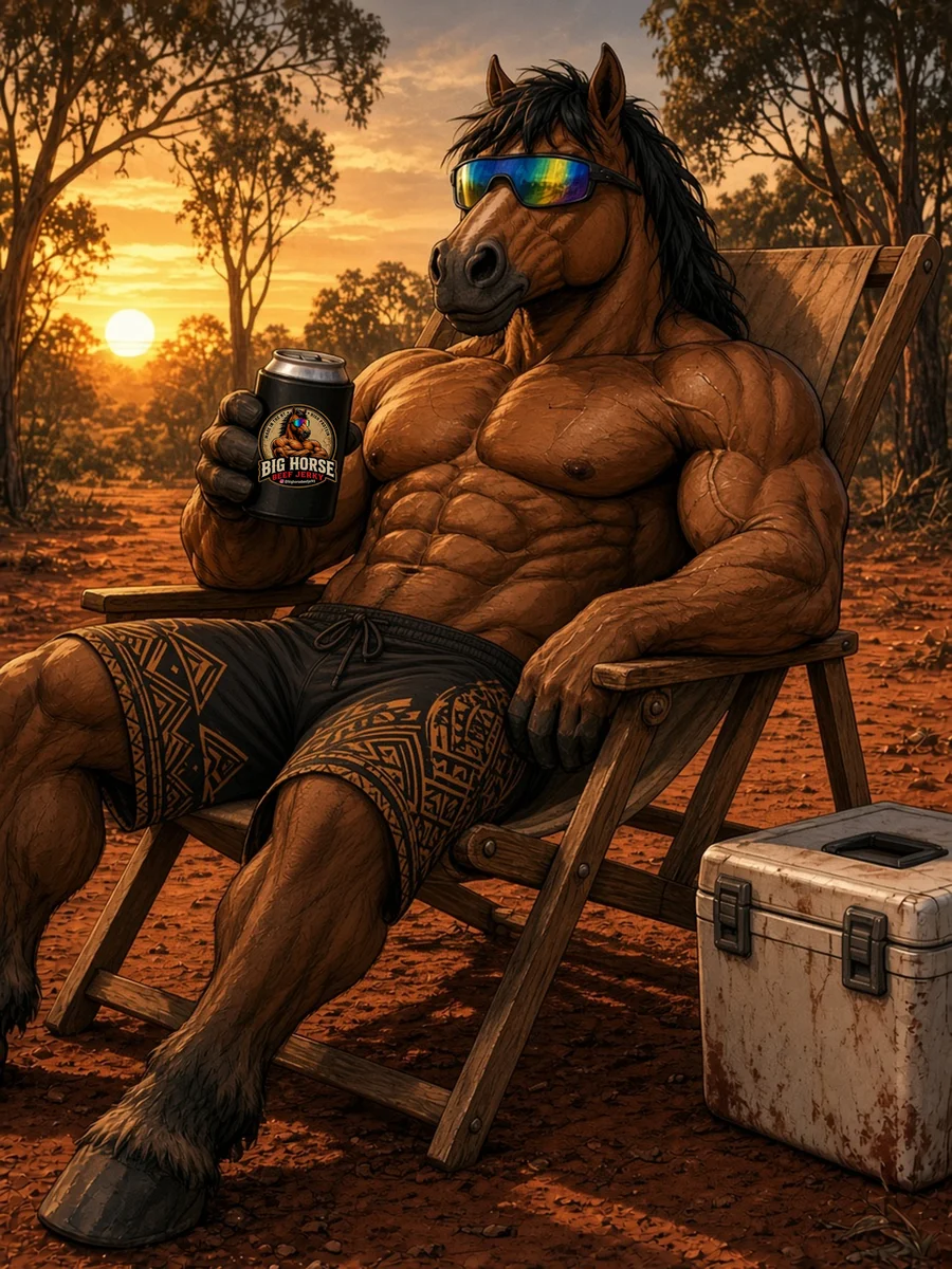 Big Horse kicking back in a deck chair with a Big Horse stubby holder